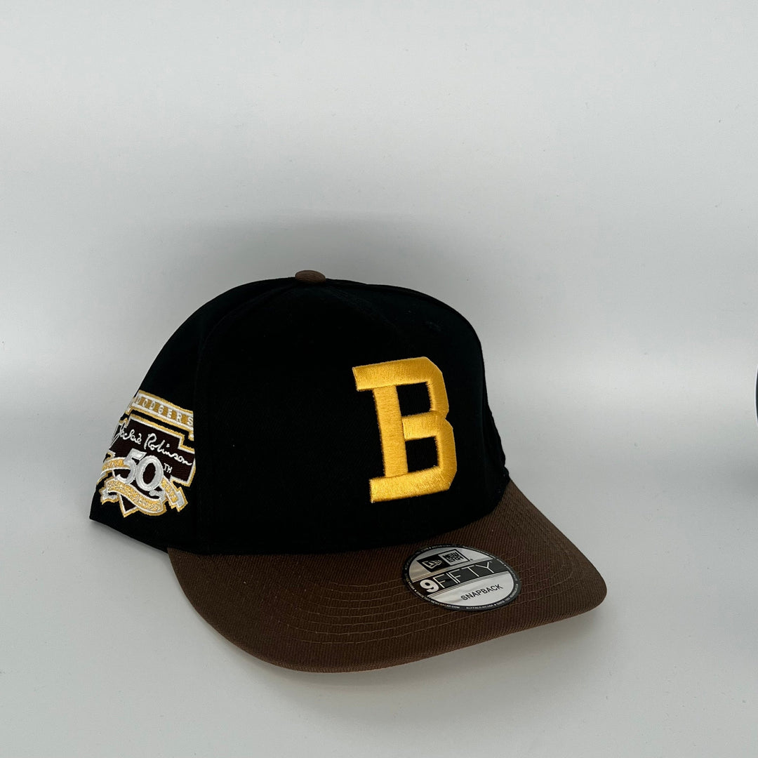 Black Brown Boston Bruins 50th Anniversary Jackie Robinson Signature Side Patch New Era MLB 9Fifty Snapback Hat