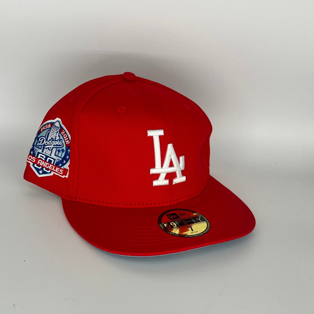 Red Los Angeles Dodgers 60th Anniversary LA Dodger Side Patch New Era MLB 59Fifty Fitted Hat