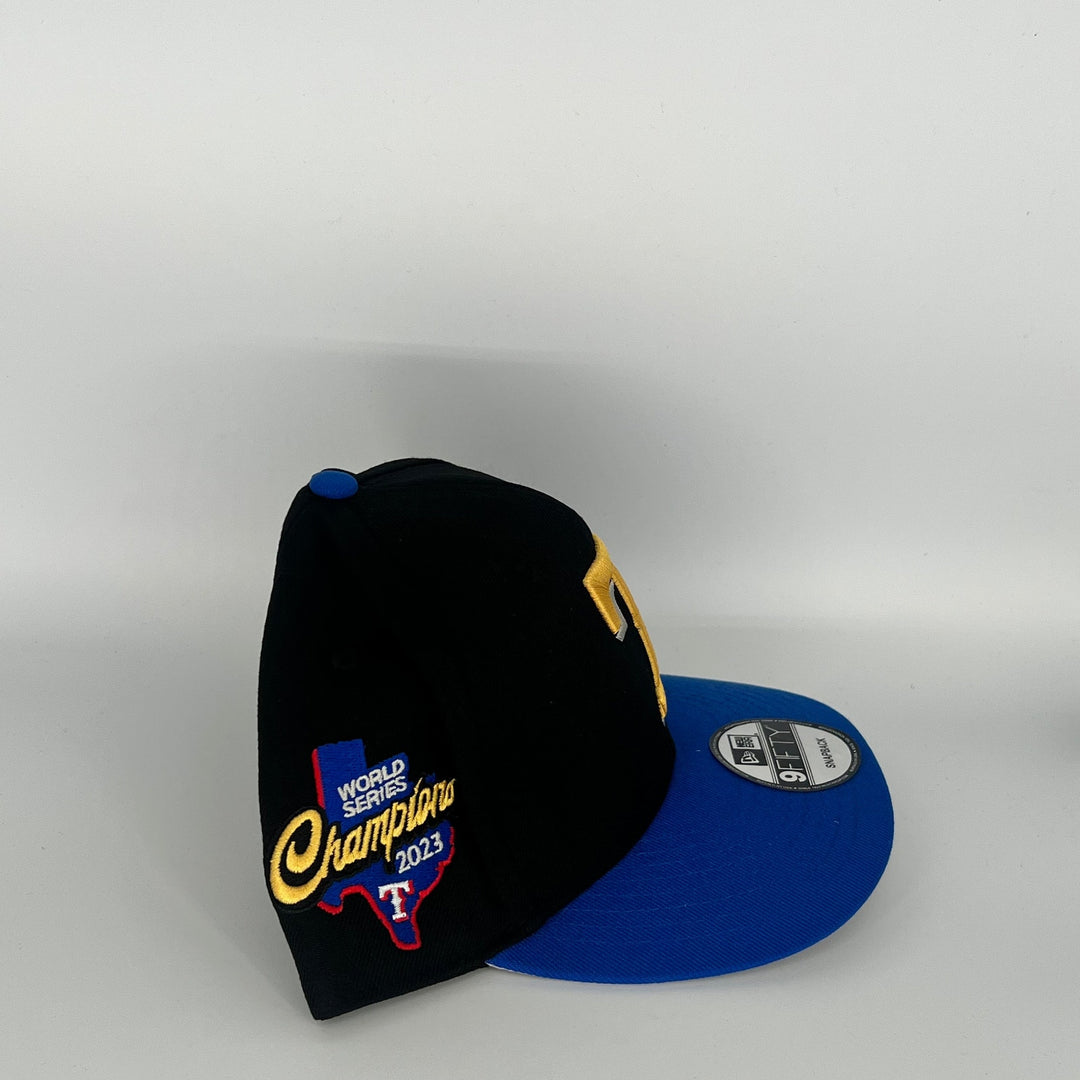 Black Blue Texas Rangers World Series Champions 2023 Side Patch New Era MLB 9Fifty Snapback Hat