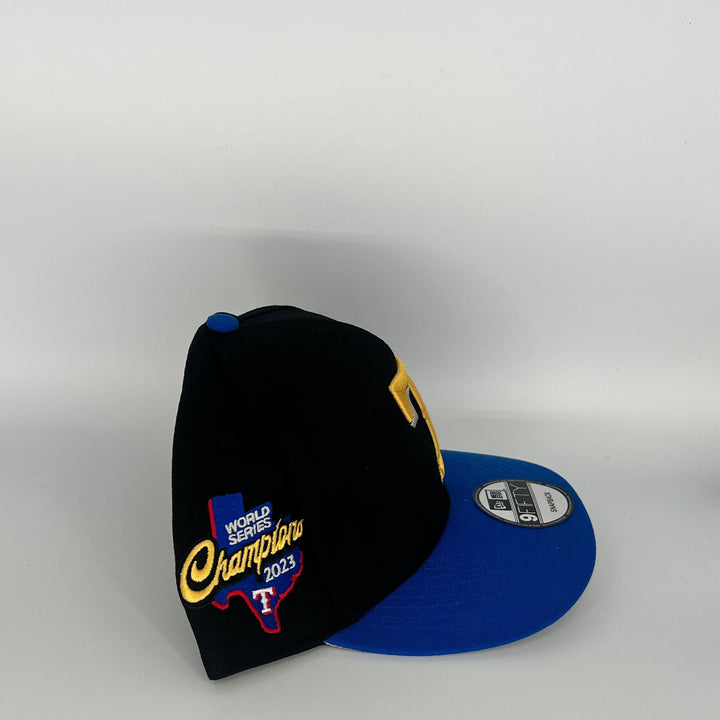 Black Blue Texas Rangers World Series Champions 2023 Side Patch New Era MLB 9Fifty Snapback Hat
