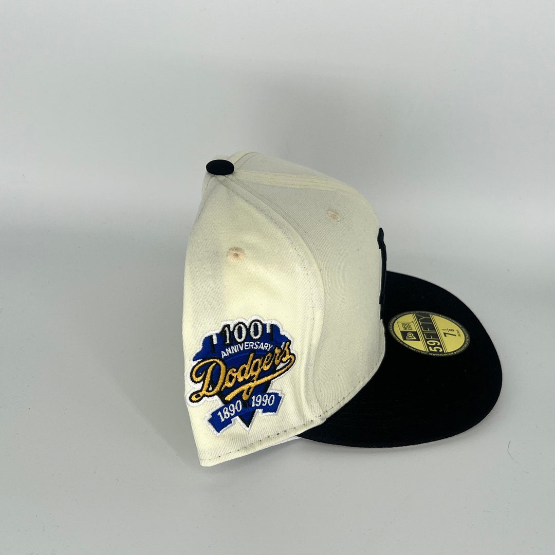 White Black Los Angeles Dodgers 100th Anniversary Side Patch New Era MLB 59Fifty Fitted Hat