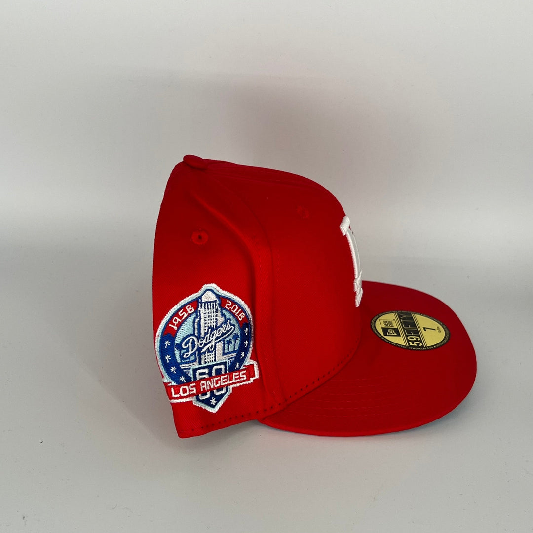 Red Los Angeles Dodgers 60th Anniversary LA Dodger Side Patch New Era MLB 59Fifty Fitted Hat