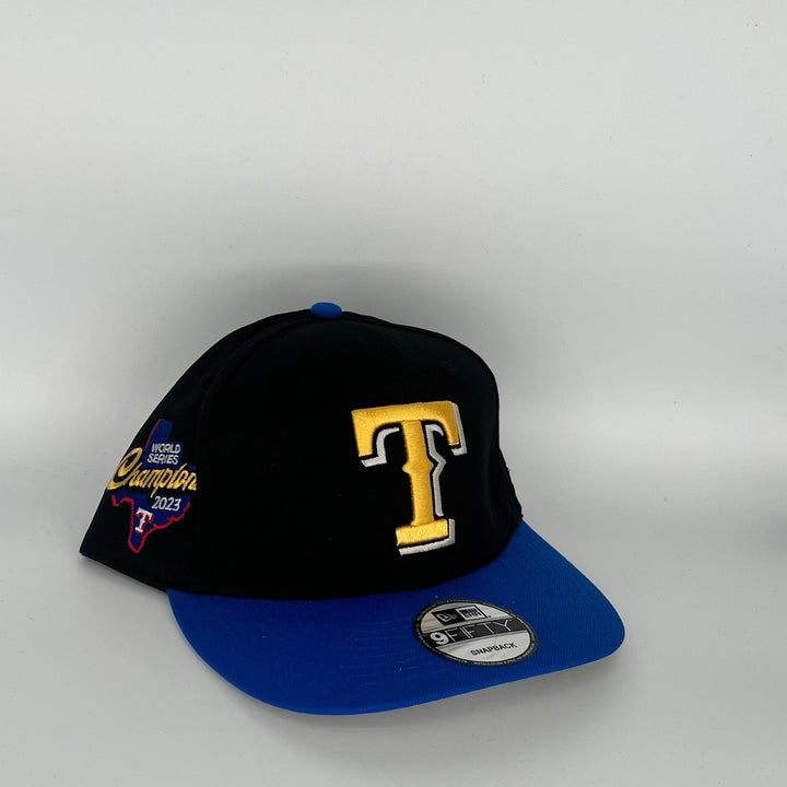 Black Blue Texas Rangers World Series Champions 2023 Side Patch New Era MLB 9Fifty Snapback Hat