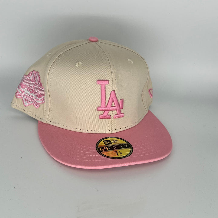 Khaki Pink Los Angeles Dodgers 40th Anniversary Side Patch New Era MLB 59Fifty Fitted Hat
