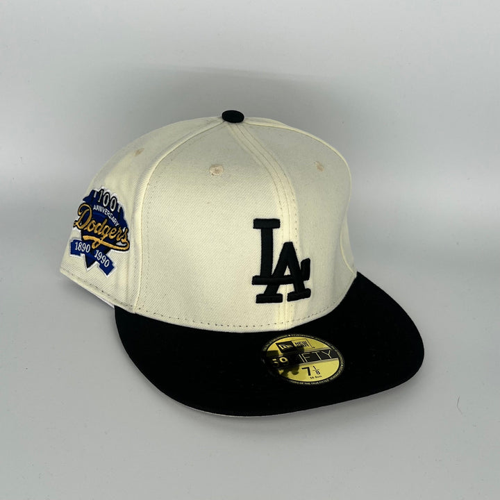White Black Los Angeles Dodgers 100th Anniversary Side Patch New Era MLB 59Fifty Fitted Hat